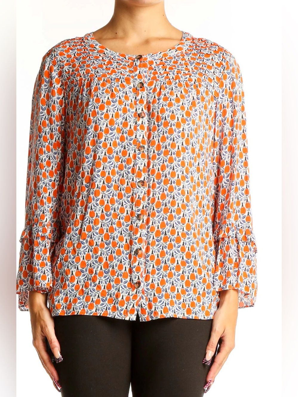 Anthropologie Maeve Berwick Bell Sleeve Maracas Print Blouse Medium Orange - Picture 3 of 14